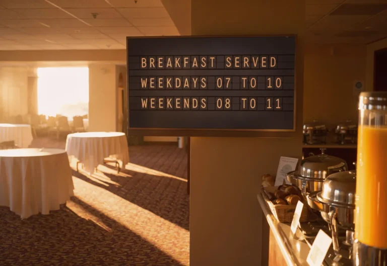 A hotel breakfast buffet with a television showing a split-flap style board of breakfast serving times.