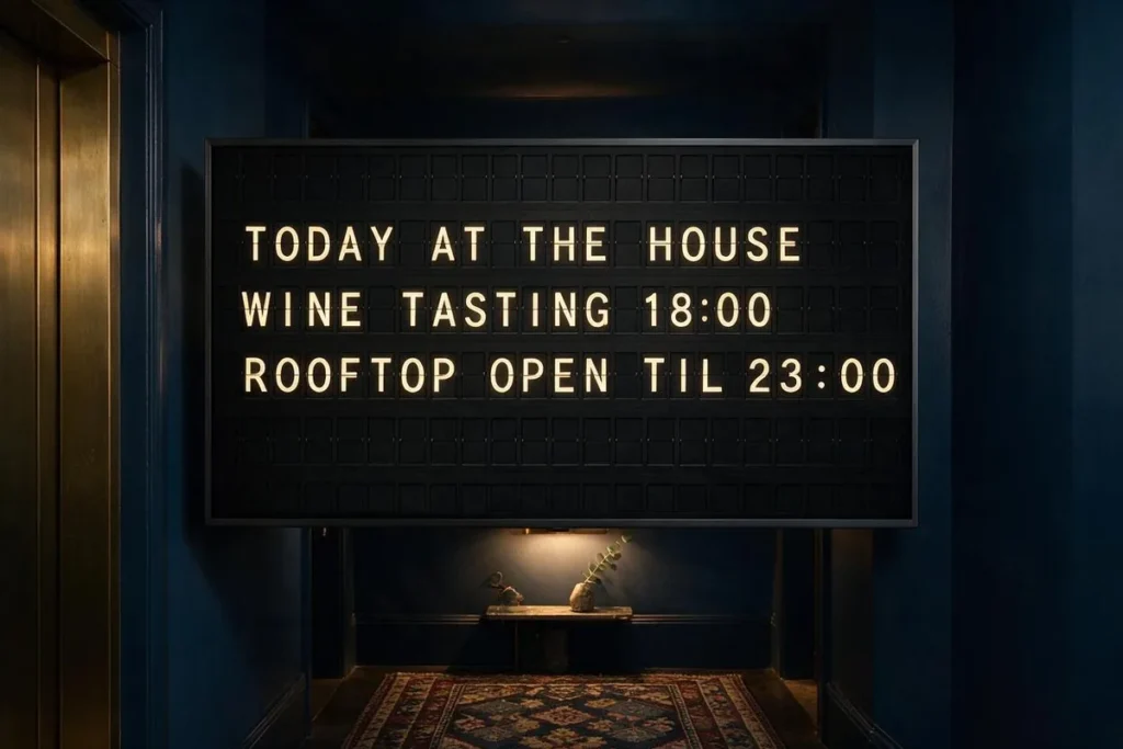 A television in a boutique hotel lift lobby showing a split-flap style board of the day's guest events.