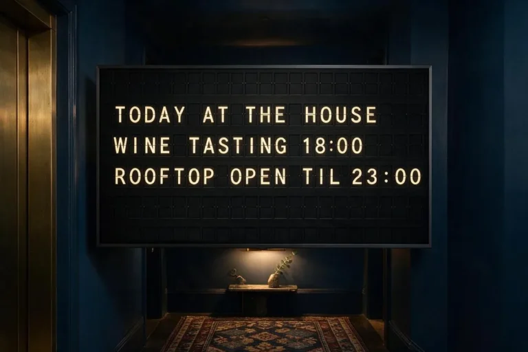 A television in a boutique hotel lift lobby showing a split-flap style board of the day's guest events.