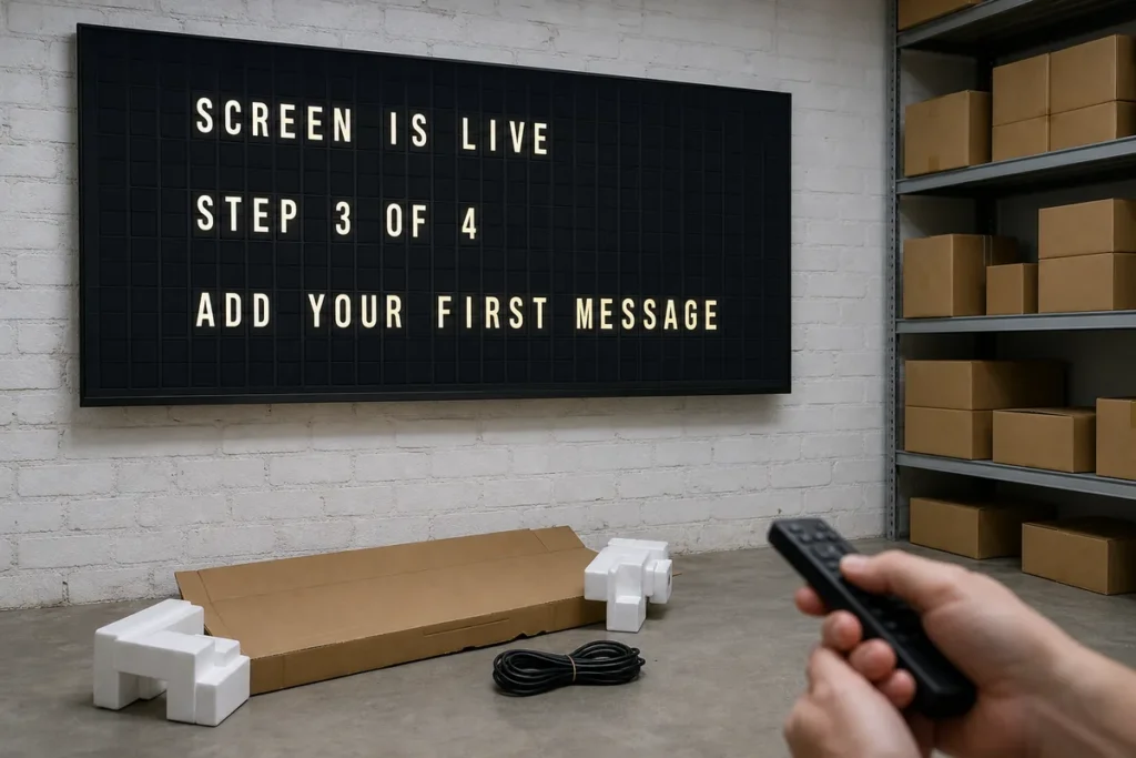 A newly mounted television in a shop stockroom showing a split-flap style setup checklist, packaging still on the floor.