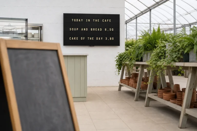 A garden centre cafe with a blank chalkboard in the foreground and a television behind showing a split-flap style menu.