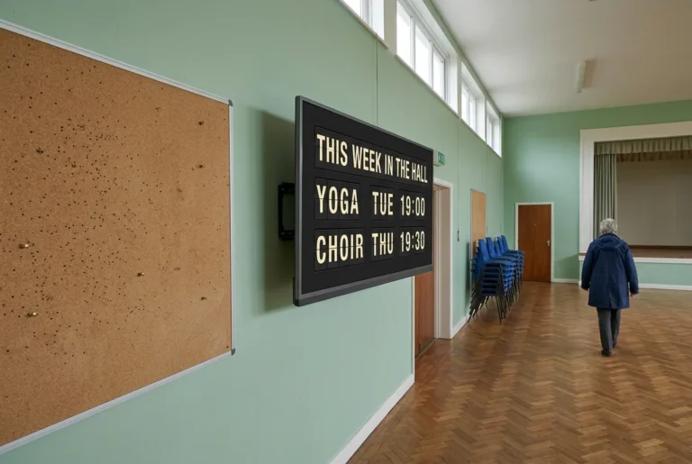 An empty cork noticeboard beside a television showing a split-flap style weekly schedule in a community hall.