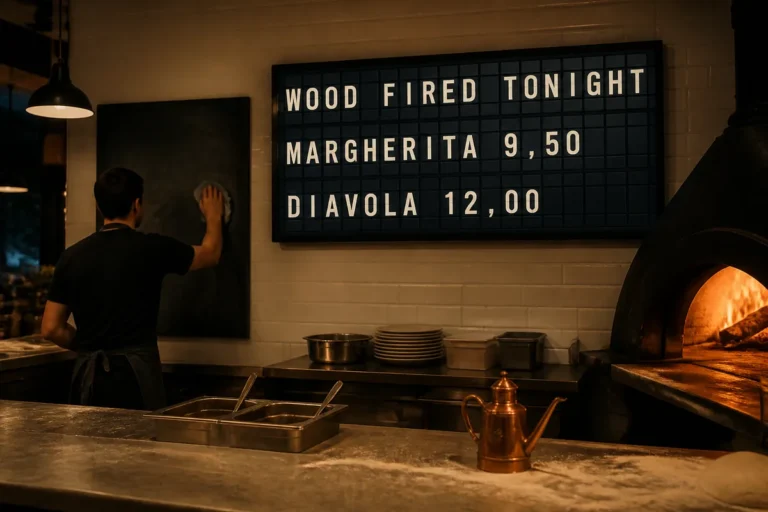 A pizzeria worker wiping a chalkboard clean beneath a television showing a split-flap style pizza menu.