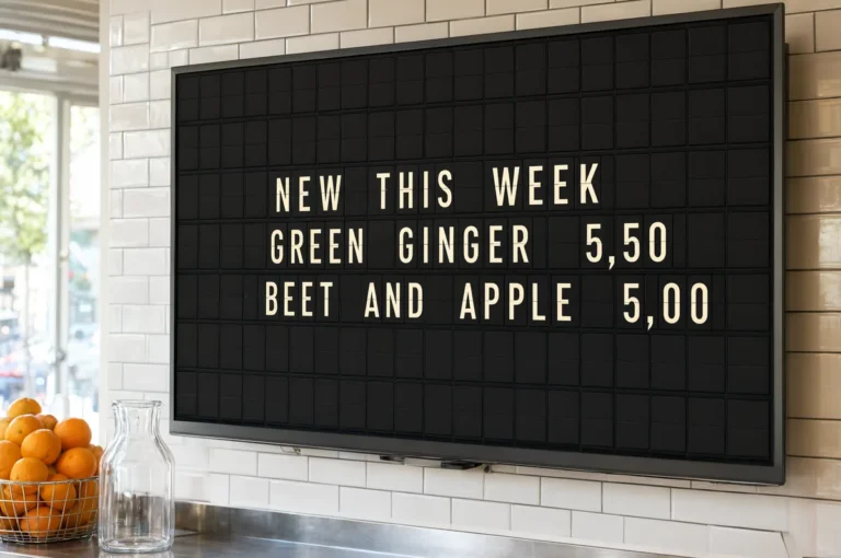A television above a juice bar counter showing a split-flap style board of this week's new drinks.
