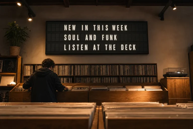 A television above the racks in a record shop showing a split-flap style board about this week's new arrivals.
