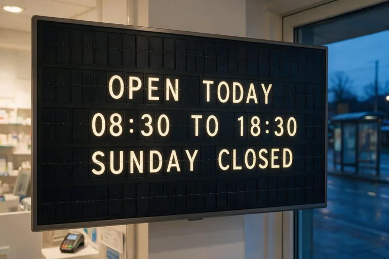 A television beside a pharmacy door at dusk showing a split-flap style board of today's opening hours.