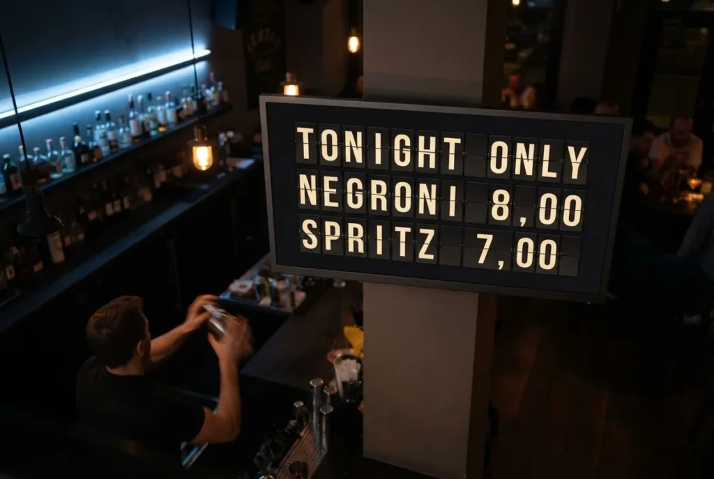 Looking down into a cocktail bar at a pillar mounted television showing a split-flap style board of tonight's drinks.