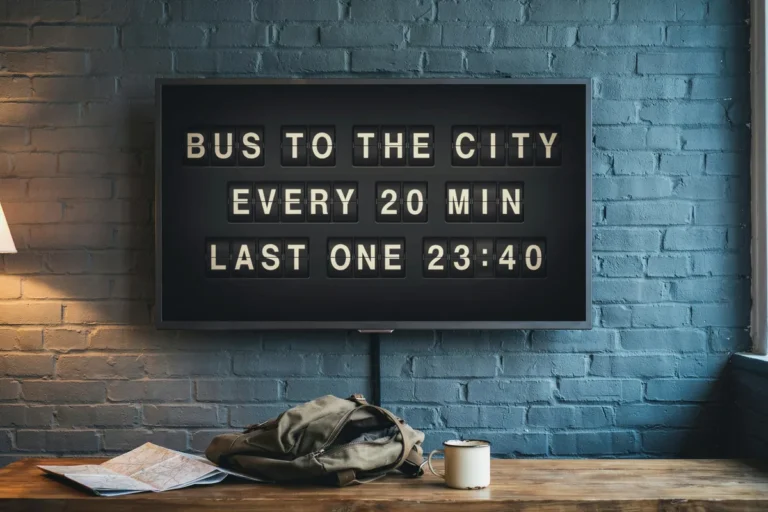 A television in a hostel common room showing a split-flap style board of city bus departure times.