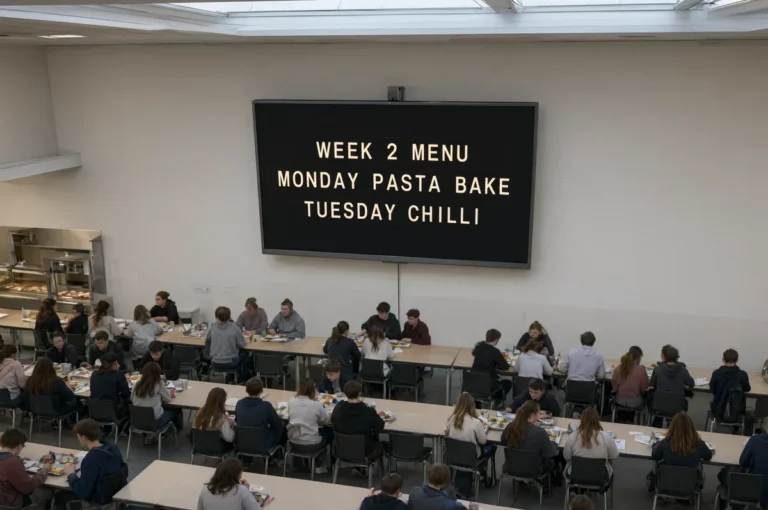 Looking down into a university canteen at a television showing a split-flap style board of the week's menu.
