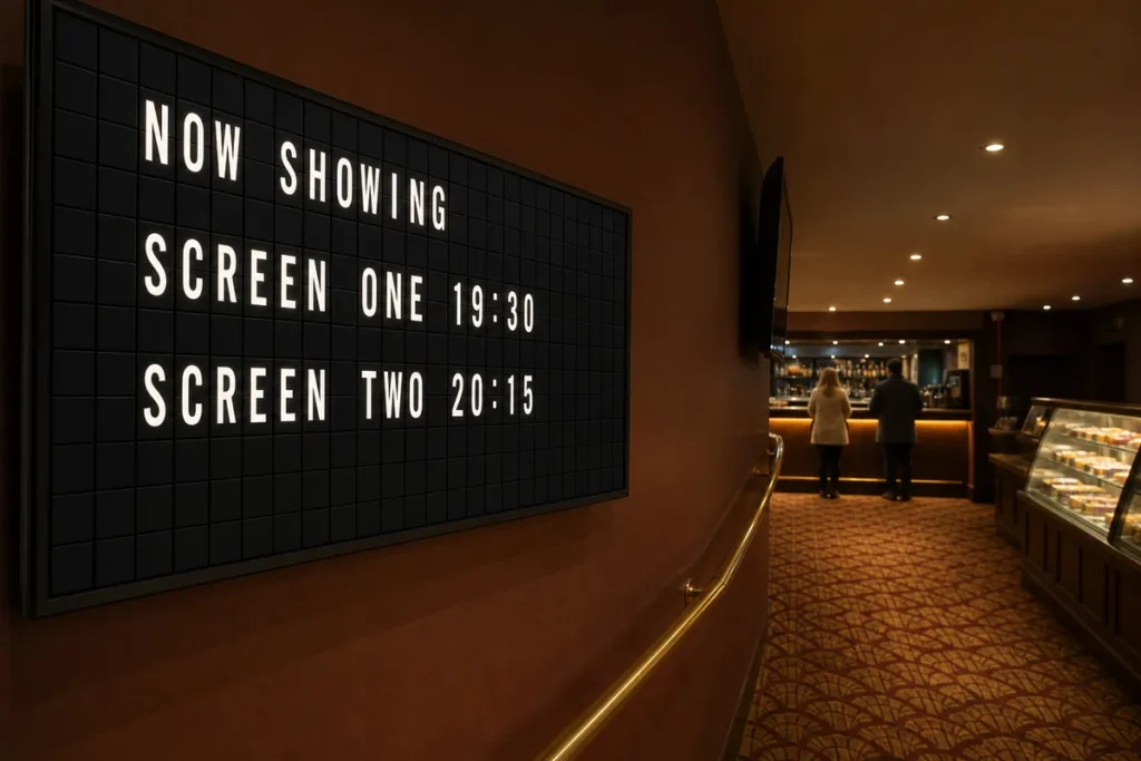 A cinema foyer with a near television showing a split-flap style board of tonight's screening times.