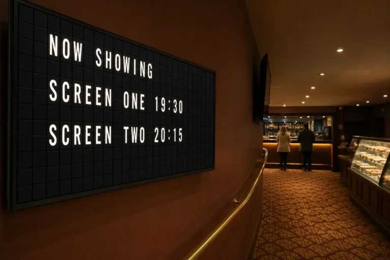 A cinema foyer with a near television showing a split-flap style board of tonight's screening times.
