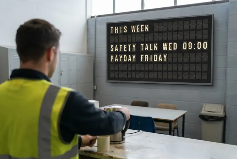A warehouse breakroom television showing a split-flap style board of this week's staff notices.
