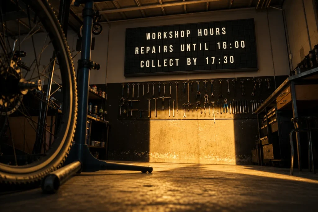 A bicycle workshop in evening light with a television showing a split-flap style board of repair and collection times.