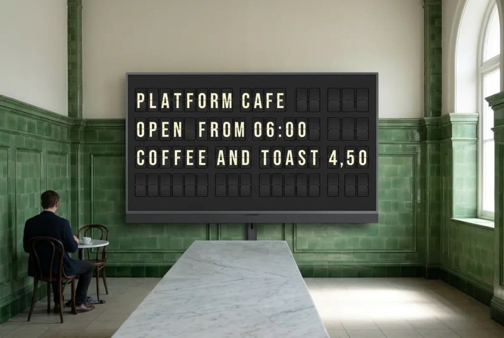 A railway station cafe with a television above the counter showing a split-flap style board of opening times.