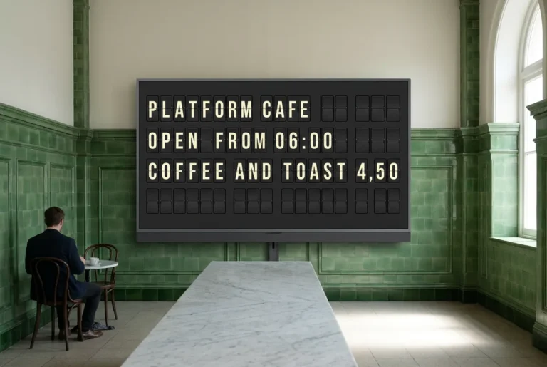 A railway station cafe with a television above the counter showing a split-flap style board of opening times.