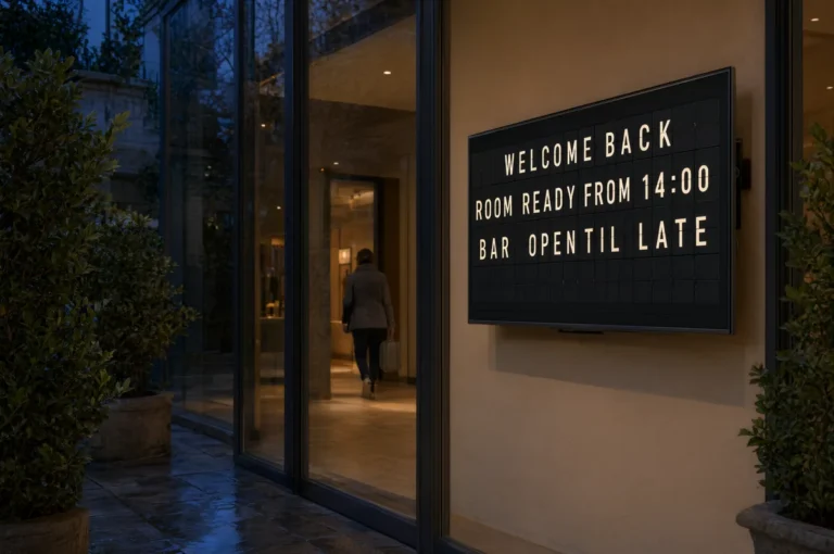 A boutique hotel entrance at dusk with a television inside showing a split-flap style arrivals and welcome board.