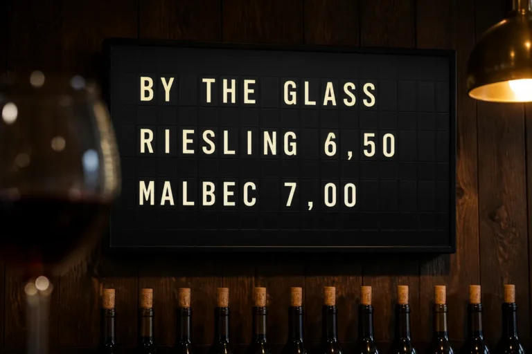 A wine bar television showing a split-flap style board of wines available by the glass.