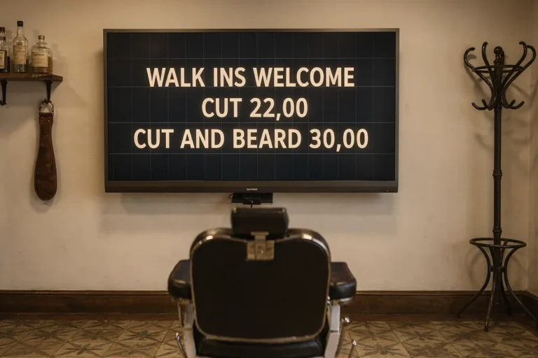 A barbershop wall television showing a split-flap style board of haircut prices.