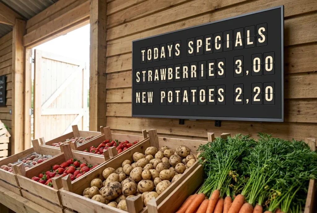 A farm shop with crates of produce beneath a television showing a split-flap style board of today's specials.