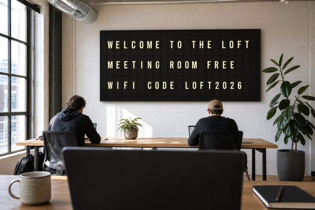 A co-working loft television showing a split-flap style welcome board with the guest wifi code.