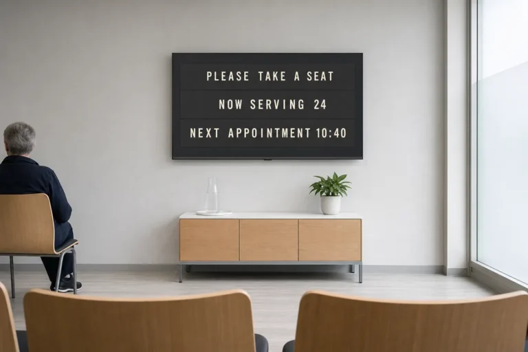 A dental waiting room television showing a split-flap style board with the number now being seen.