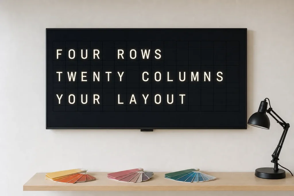 A studio wall television shown square on, its split-flap style grid describing its own rows and columns.