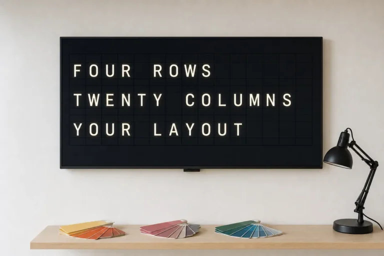 A studio wall television shown square on, its split-flap style grid describing its own rows and columns.