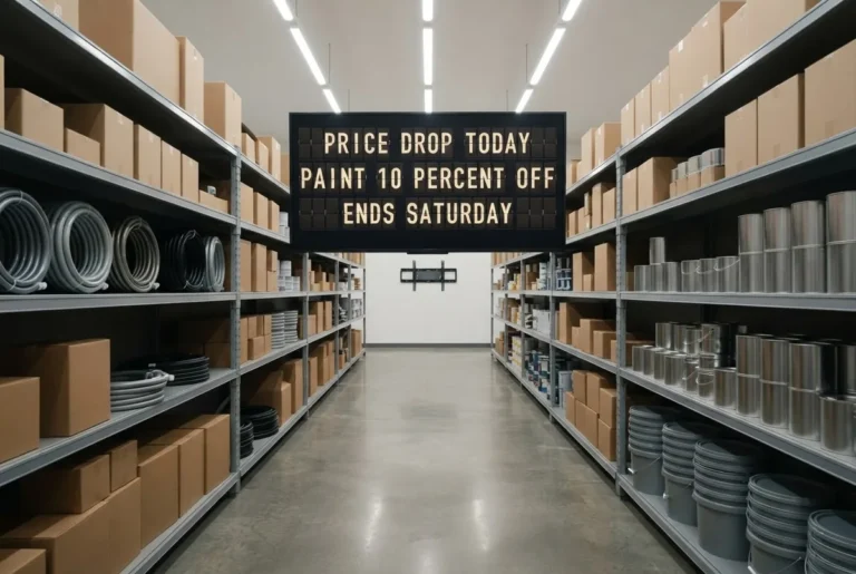 A hardware store aisle leading the eye to a television showing a split-flap style board about today's price drop.