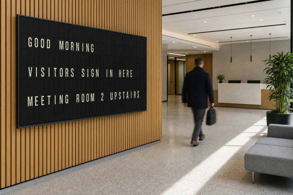 An office reception television showing a split-flap style board directing visitors where to sign in.
