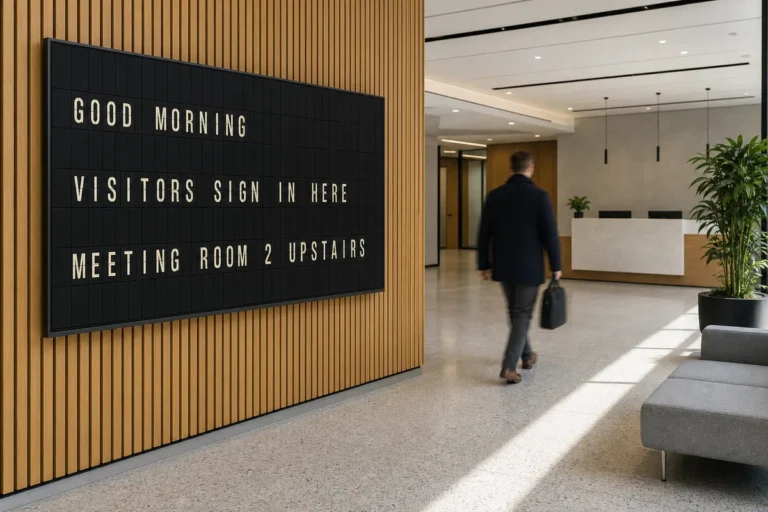 An office reception television showing a split-flap style board directing visitors where to sign in.