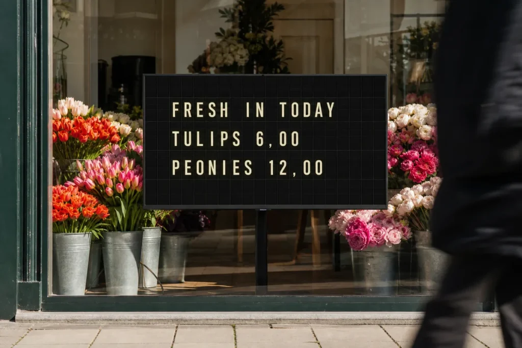 A florist window with a television among the flowers showing a split-flap style board of today's fresh stems.
