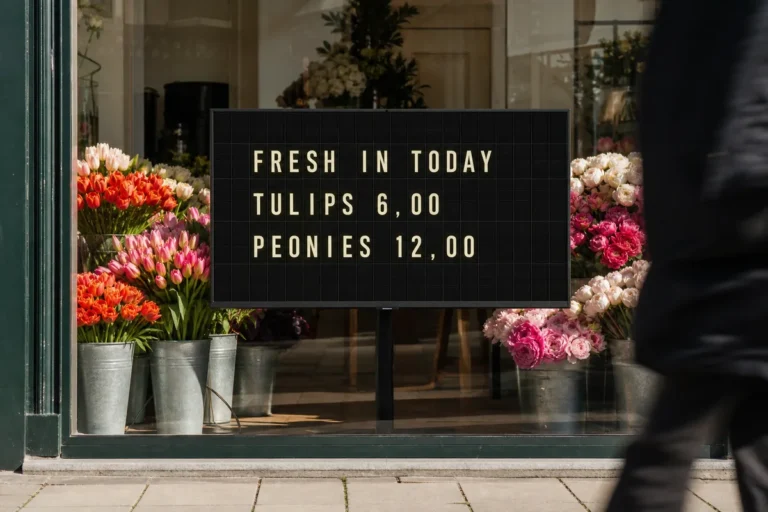 A florist window with a television among the flowers showing a split-flap style board of today's fresh stems.