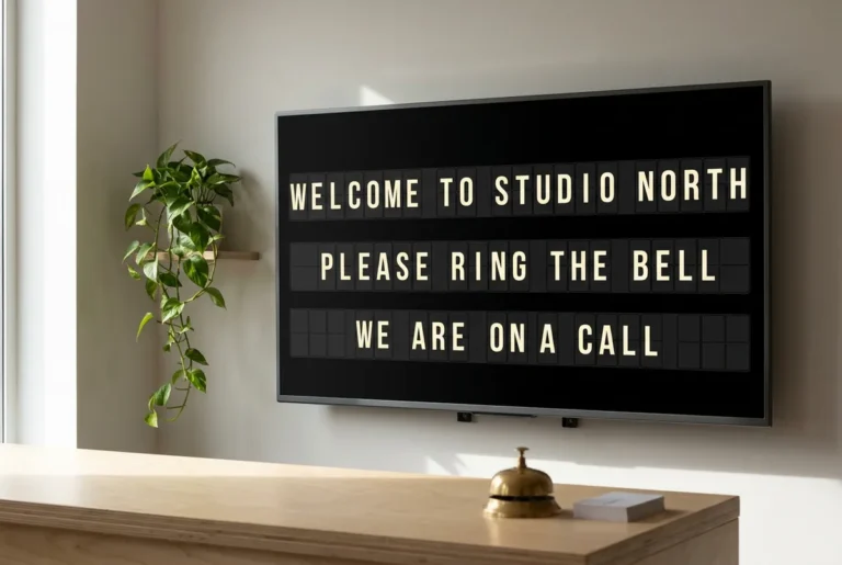 A small studio reception desk with a television behind it showing a split-flap style welcome message.