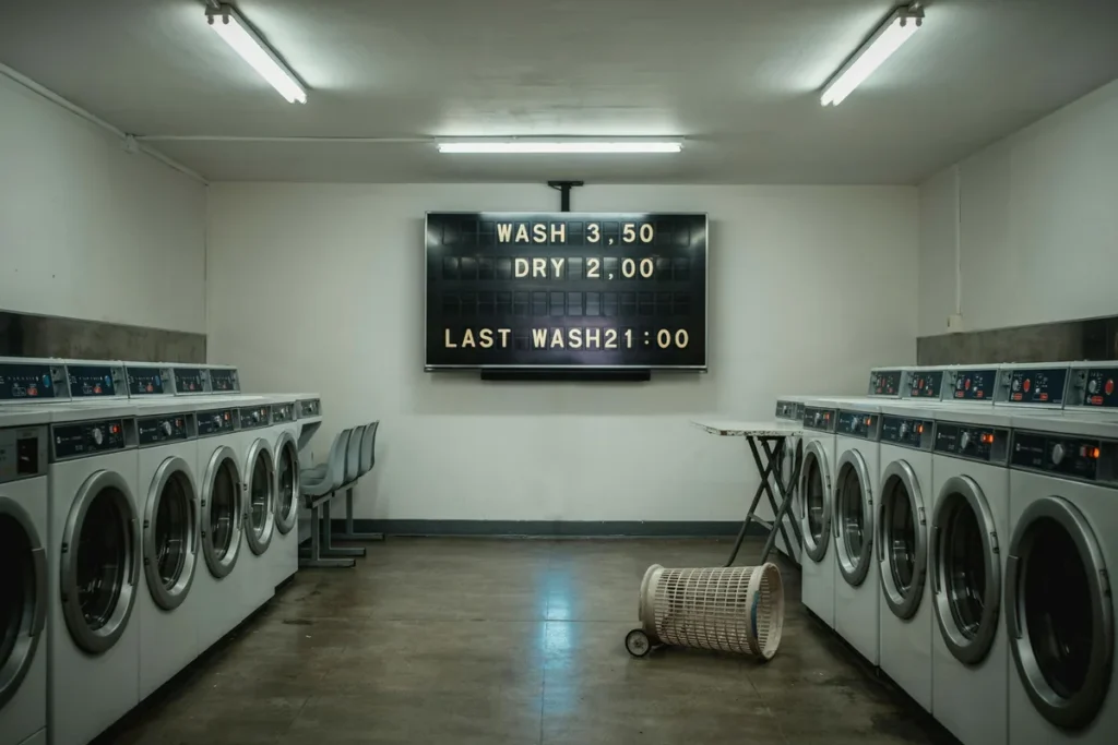 An empty laundrette at night with a television on the end wall showing a split-flap style board of wash prices.