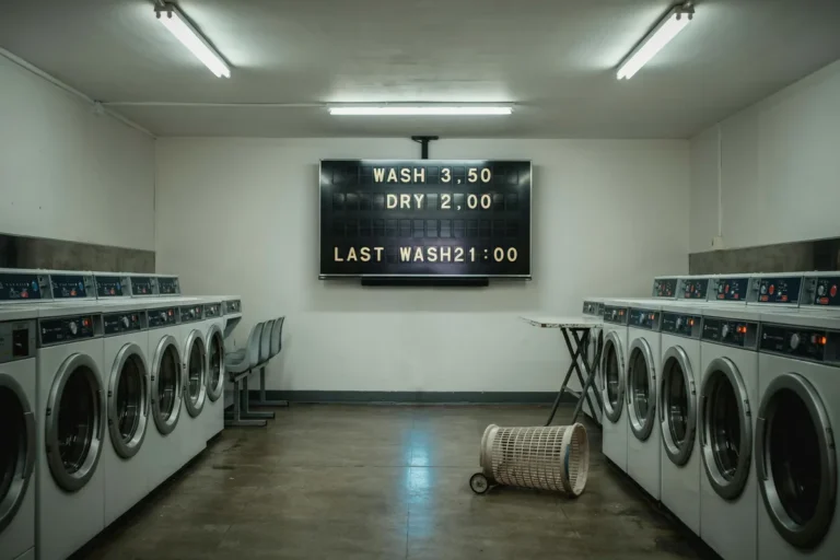 An empty laundrette at night with a television on the end wall showing a split-flap style board of wash prices.