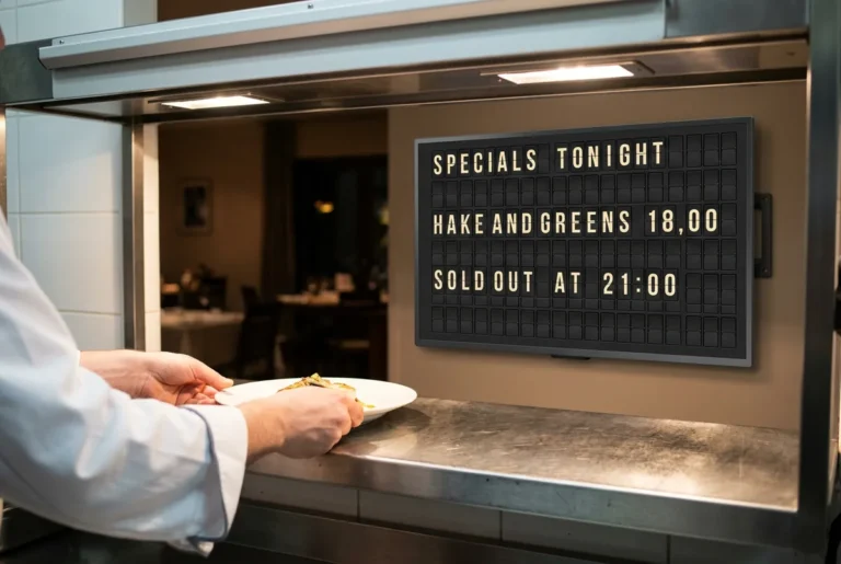 A view from a restaurant kitchen pass out to a television showing a split-flap style board of tonight's specials.