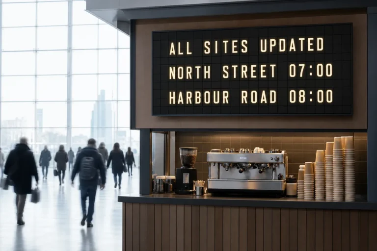 A concourse coffee kiosk with a television showing a split-flap style board listing opening times across several sites.