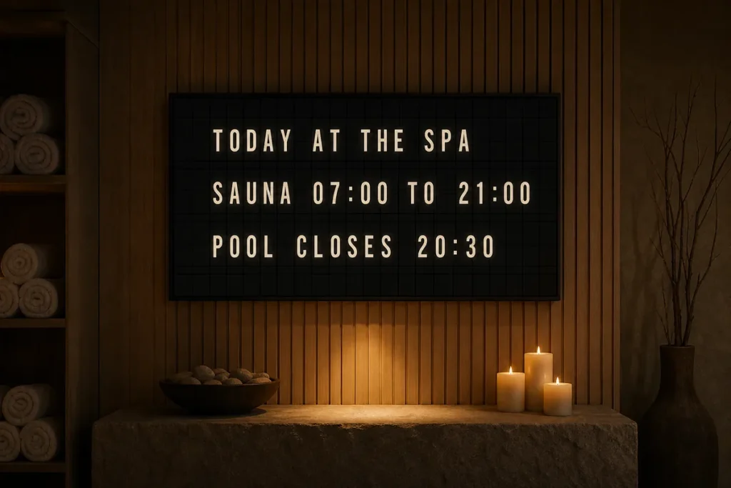 A dimly lit hotel spa reception with a television showing a split-flap style board of today's facility hours.