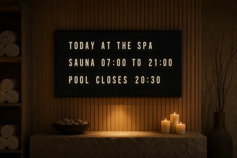 A dimly lit hotel spa reception with a television showing a split-flap style board of today's facility hours.