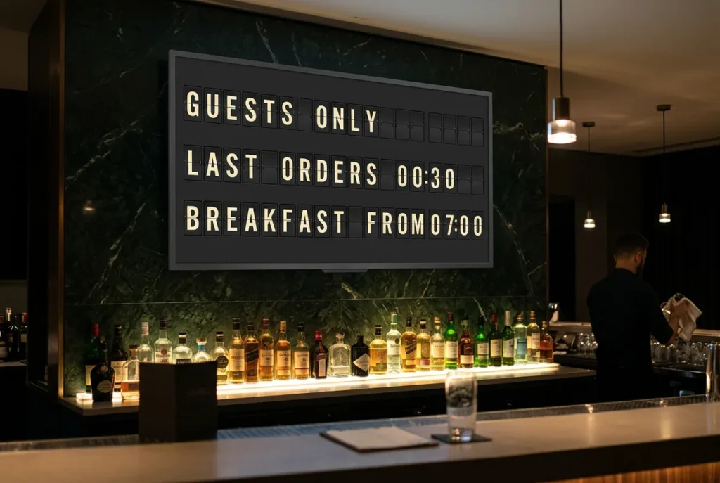 A hotel bar at night with a television above the bottles showing a split-flap style board of last orders and breakfast.
