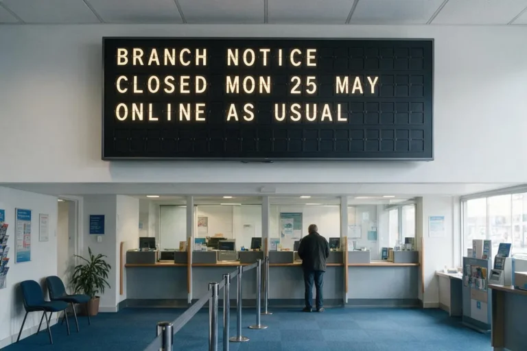A credit union branch with a television above the counters showing a split-flap style board about a scheduled closure.