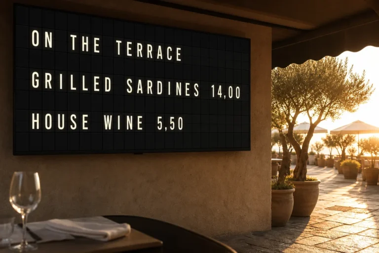 A restaurant terrace in golden light with a shaded television showing a split-flap style board of terrace specials.