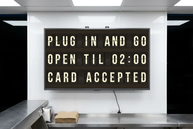 A brightly lit late night takeaway with a television showing a split-flap style board of opening hours.