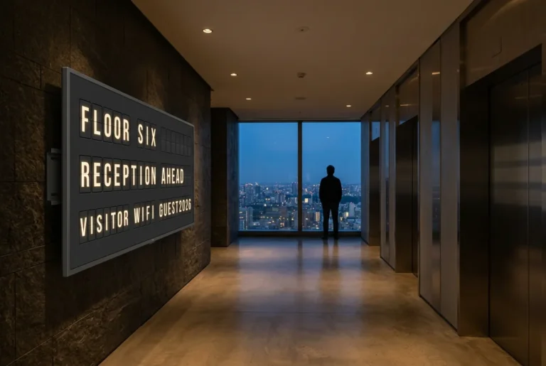 A high floor office lift lobby at dusk with a television showing a split-flap style board directing visitors.