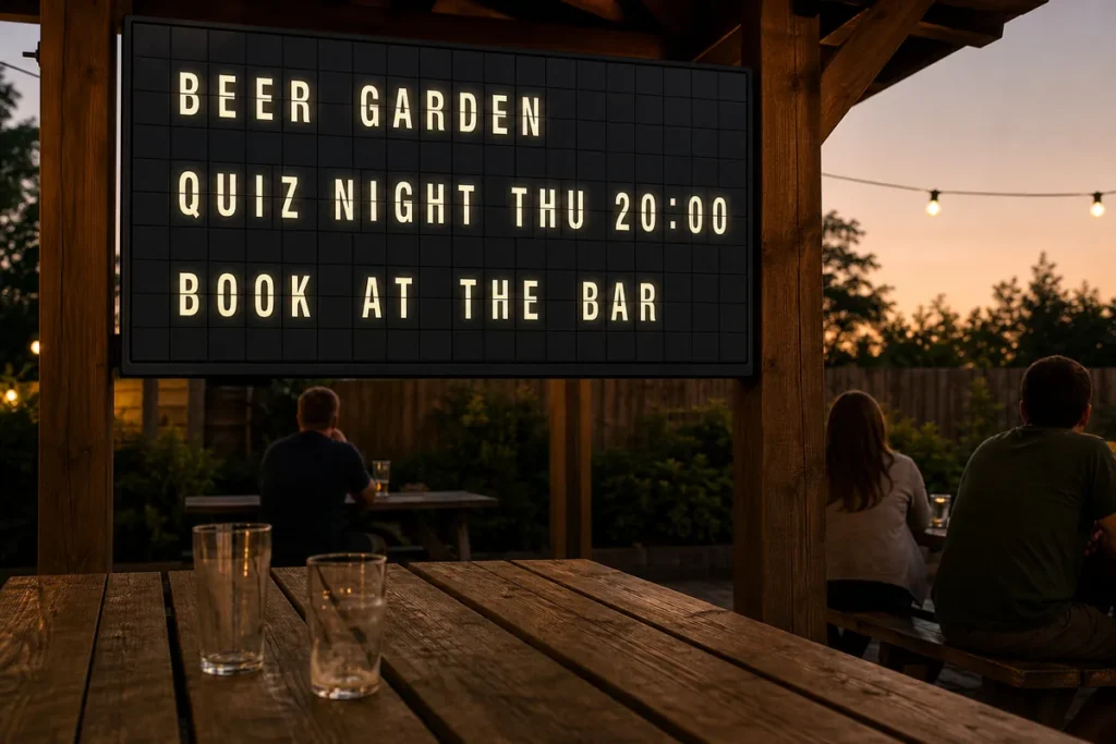A pub beer garden at dusk with a television under a pergola showing a split-flap style board about quiz night.