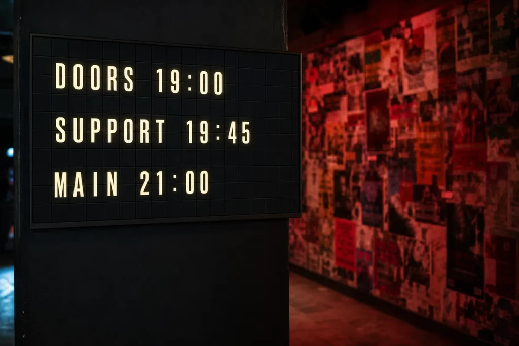 A music venue foyer with a sharp television beside a blurred wall of old posters, showing a split-flap style running order.