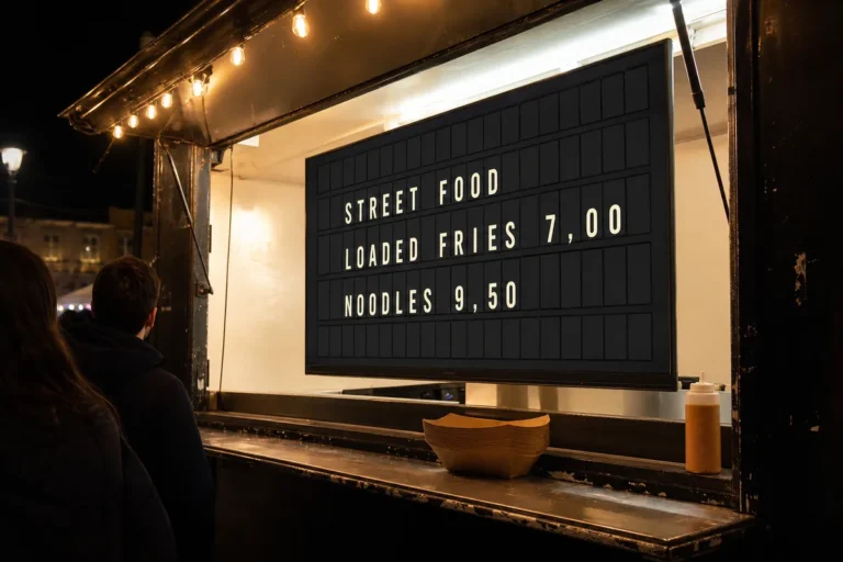A street food truck hatch at night with a television showing a split-flap style board of dishes and prices.