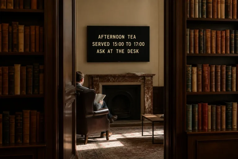 A boutique hotel library lounge with a television between bookcases showing a split-flap style afternoon tea board.
