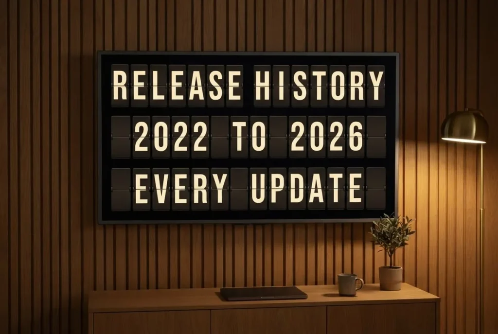A television in a studio office showing a split flap style board that reads release history, 2022 to 2026.